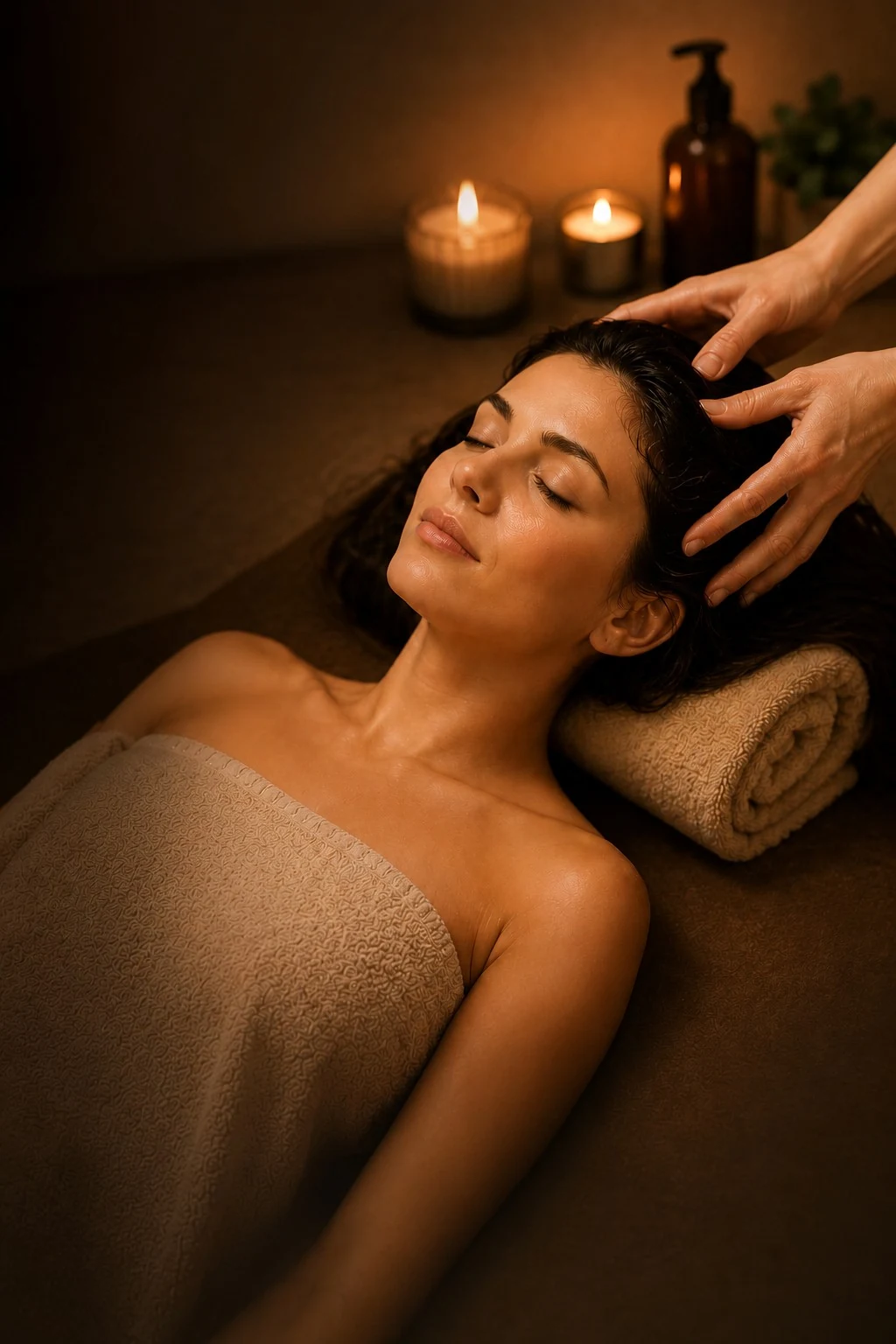 Masaje facial y craneal relajante en un ambiente cálido
