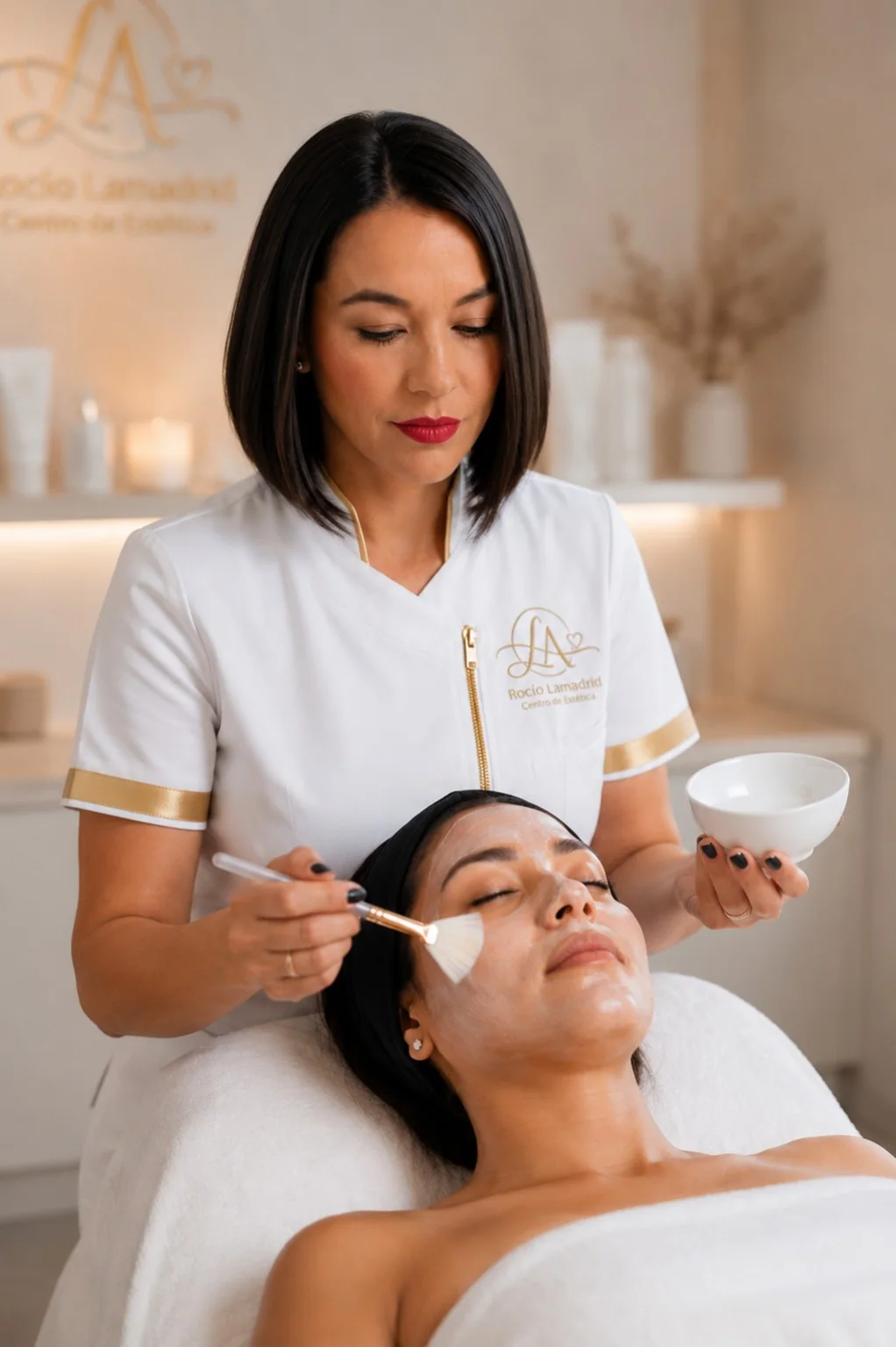 Rocío Lamadrid realizando un tratamiento facial